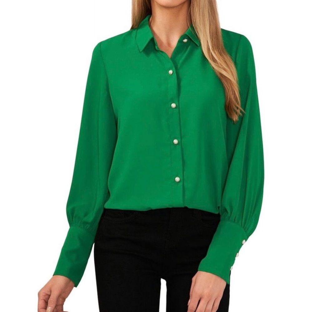 NWT CeCe Emerald Green Pearl-Button Blouse